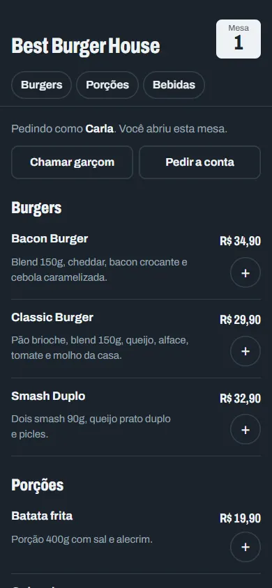Cardápio da mesa 1 no celular, com os botões chamar garçom e pedir a conta
