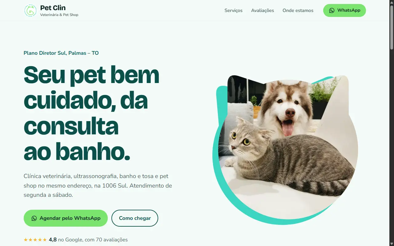 Página inicial da Pet Clin no computador