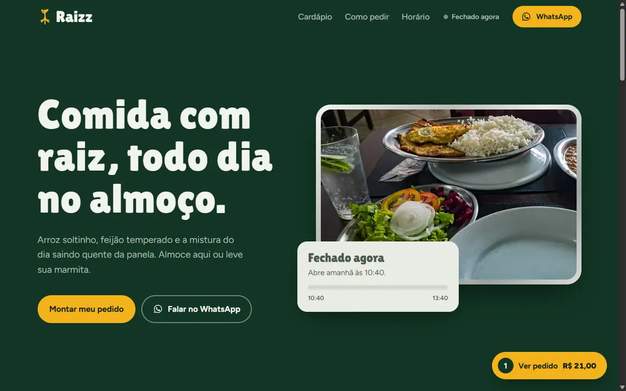 Página inicial do Restaurante Raizz no computador